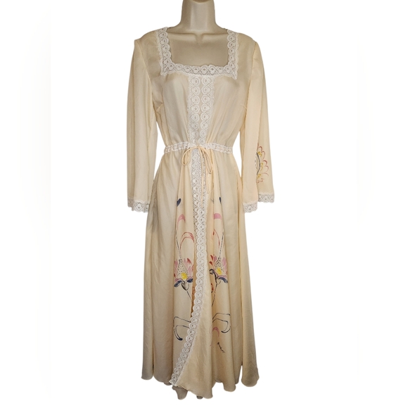 Vintage Dresses & Skirts - Vintage Dreamy 1970s Hand-Painted Boho Maxi • Sheer Ivory Nylon & Lace • S